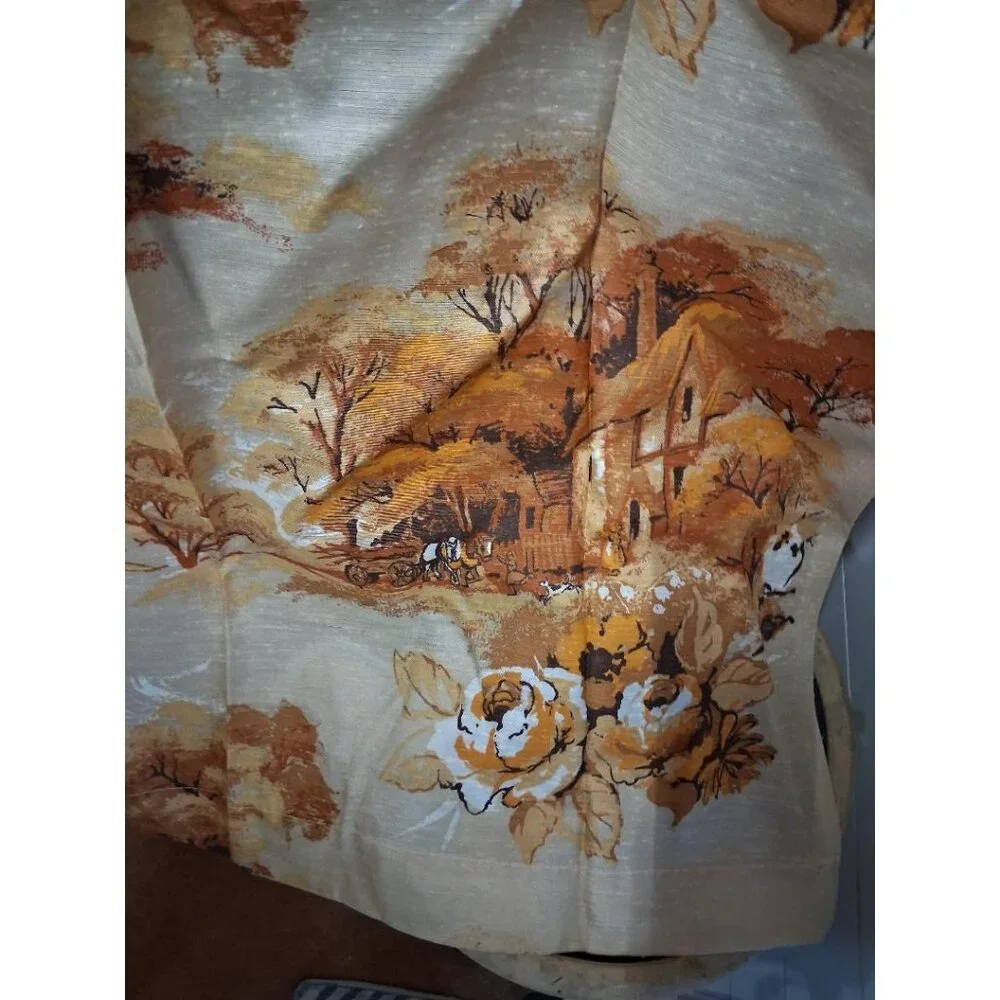 Two Vintage Autumn Landscape Curtain Panels With Cottage & Horse-Drawn Carriage